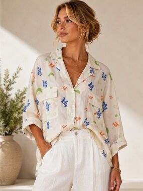 Lost in Lunar Lani Shirt Medium Abstract Print Rayon Linen Resort Button Up Top